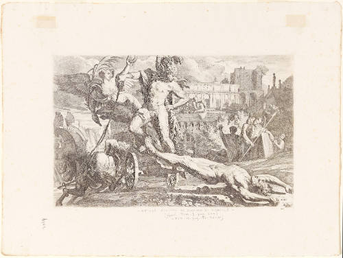 Achilles standing on the back of a chariot and raising a whip toward Hector, who is dragging behind