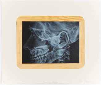 White sketch of a skeletal profile portrait, surrounded by illusionistic wooden frame