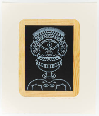 Wood-framed chalkboard with chalk drawing of bust-length abstract figure formed from geometric patte