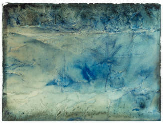 Abstract blue watercolor with suggestion of wrinkled texture and gray blotches at top and bottom