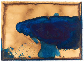 Large blue watercolor mass that suggests the shape of a fish emerging from right on brown background