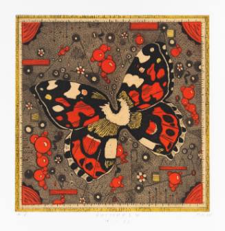 Red, yellow, and orange print of butterfly wings on background with patterns of circles and flowers
