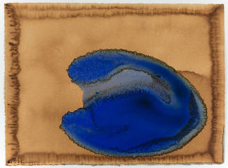 Abstract watercolor with large blue shape with bleeding around the edges on a brown background