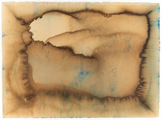 Abstract brown watercolor forms with traces of blue bleeds on cotton paper
