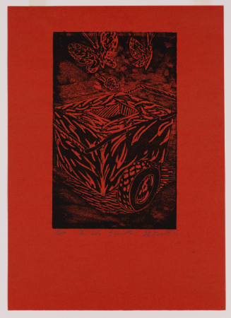 Woodcut image of a paleta cart and butterflies above, printed in black on red paper