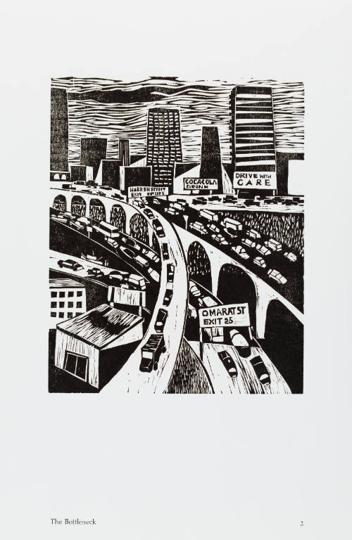 Black-and-white woodcut with view from above of overlapping highways in front of cityscape