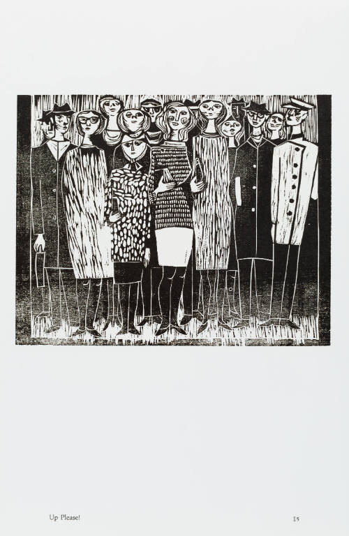 Print with around 15 elongated people crammed into an elevator with an attendant