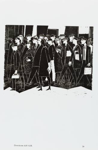 Woodcut with crowd of people at on the sidewalk, many wearing hats, some carrying bags