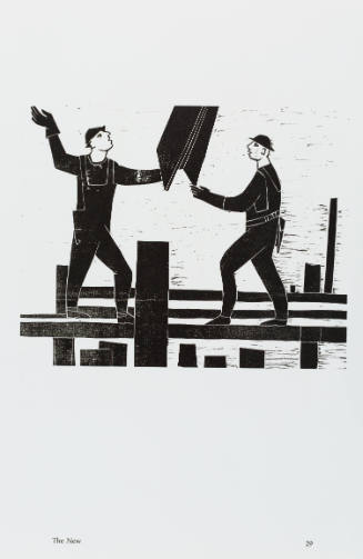 Black-and-white woodcut of two workers standing on scaffold, guiding a girder 