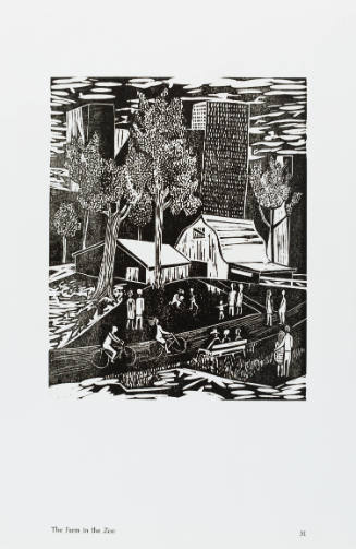 Black-and-white woodcut of people walking and riding bikes in a park with barn and city skyline