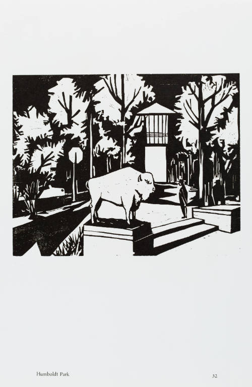 Black-and-white woodcut showing tree-filled park with buffalo sculpture on pedestal in foreground