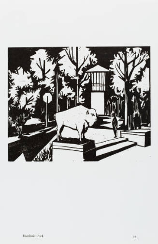 Black-and-white woodcut showing tree-filled park with buffalo sculpture on pedestal in foreground