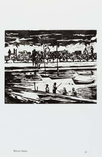 Black-and-white woodcut of with lake boats and fisherman, and treeline and city skyline in distance