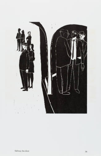 Black-and-white woodcut of riders on subway platform with three men in close discussion at right