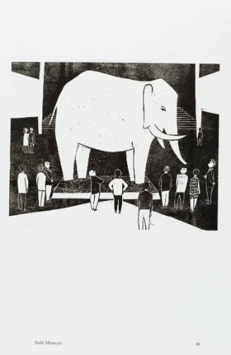 Black-and-white woodcut of museum visitors gazing at large taxidermy elephant on a pedestal