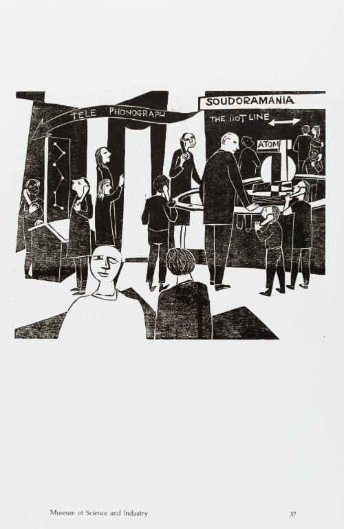 Black-and-white woodcut of museum visitors viewing scientific displays and listening to audio 