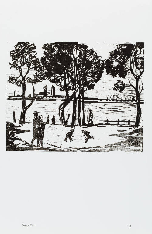 Black-and-white woodcut of people relaxing in park with view across lake toward Navy Pier 