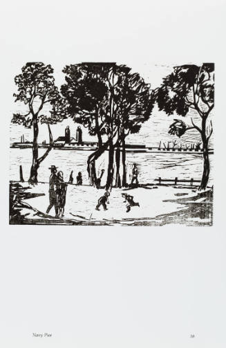 Black-and-white woodcut of people relaxing in park with view across lake toward Navy Pier 