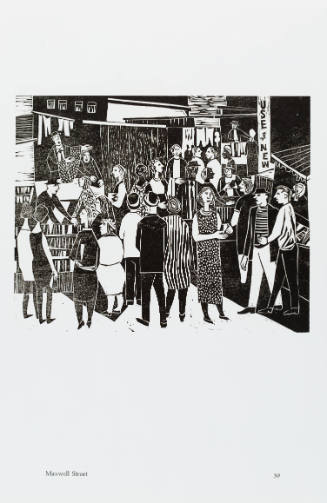 Black-and-white woodcut of crowd of shoppers among busy merchant stalls in an outdoor market