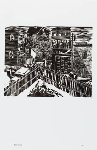 Woodcut with view of children in a yard seen from above and other backyards in background