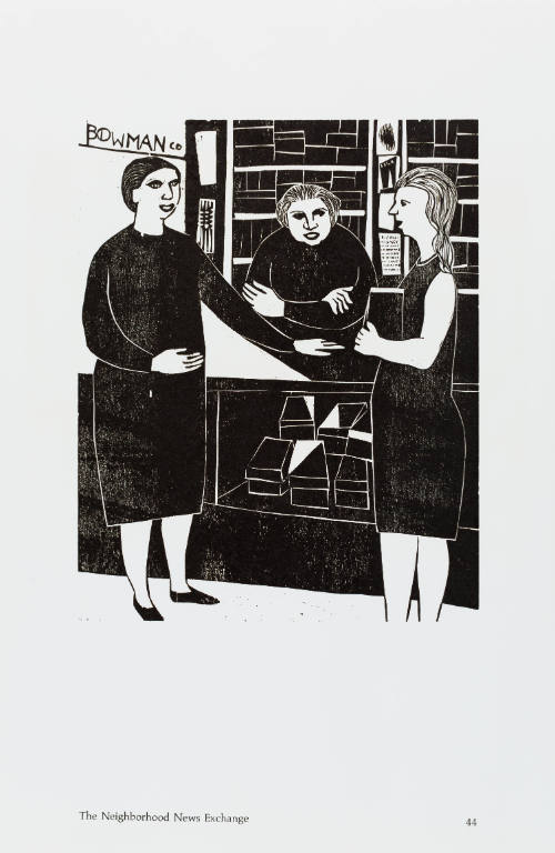 Black-and-white print of two women in dresses at a news stand with a person behind the counter