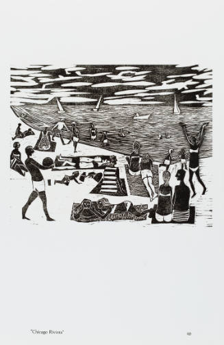 Woodblock print of laying and playing at a beach as sailboats float on the water
