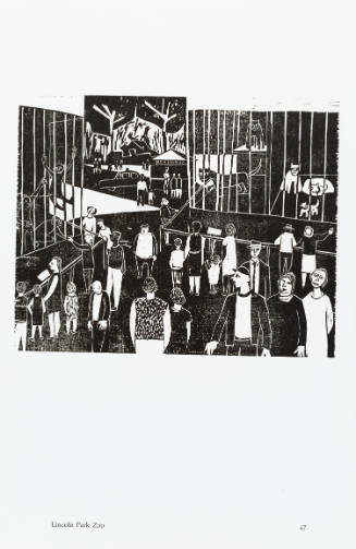 Black-and-white print of crowd at a zoo with monkeys and large cats in cages in the background