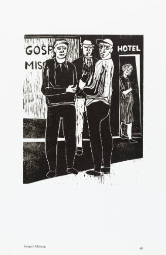 Print of three men standing in a group and, behind, a woman standing in hotel entrance