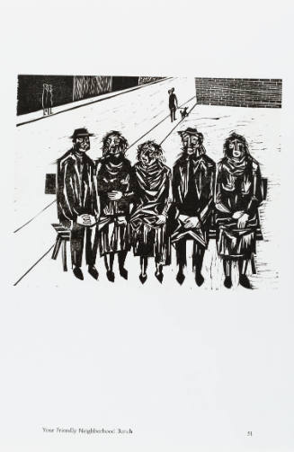 Print with group of five adults sitting on bench next to sidewalk with other people in background