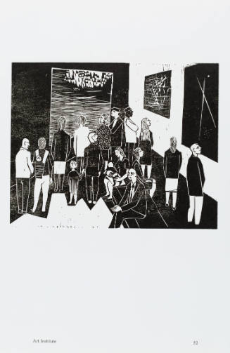Black-and-white print with people of all ages in art gallery looking at large abstract artworks