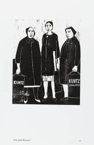 Three female-presenting figures in long coats and short pointed heels carrying bags labeled “KUNTZ”