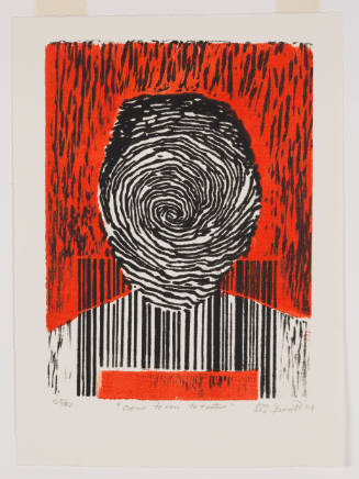 An abstract mugshot made up of a fingerprint and barcode on a red background