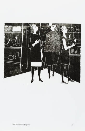 Print of three female-presenting adults conversing and reviewing objects on display shelves