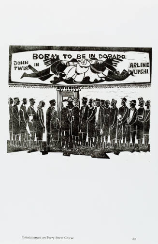 Black-and-white print depicting people under a marquee labeled “Born to be in Dorardo”