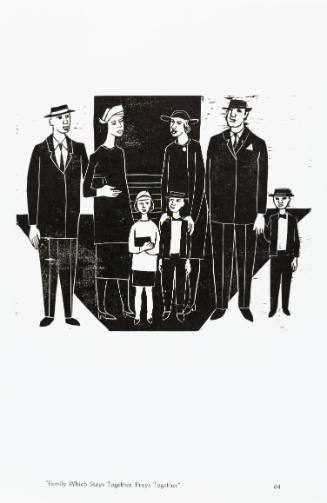 Black-and-white print with formally dressed families conversing with one another 