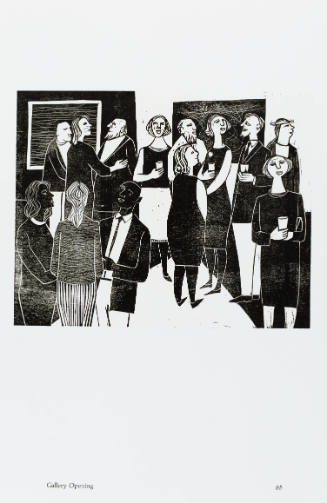 Black-and-white print of crowd in art gallery mingling and holding drinks