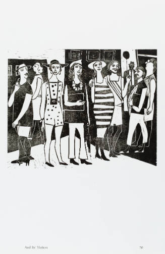 Black-and-white print of people in summer clothing standing in a row or interacting with one another