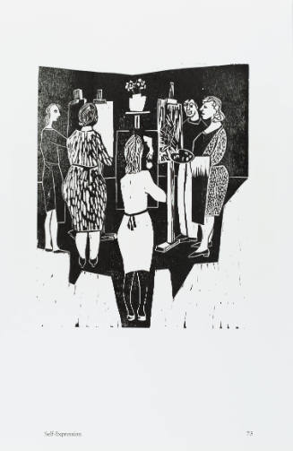 Black-and-white print of five people painting on easels and looking at a vase of flowers