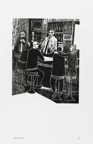 Black-and-white print of six people sitting at a bar and barkeep facing the viewer 