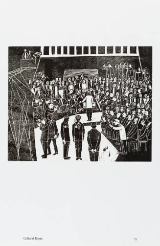 Black-and-white print of event with person standing at podium, musicians, audience, and police
