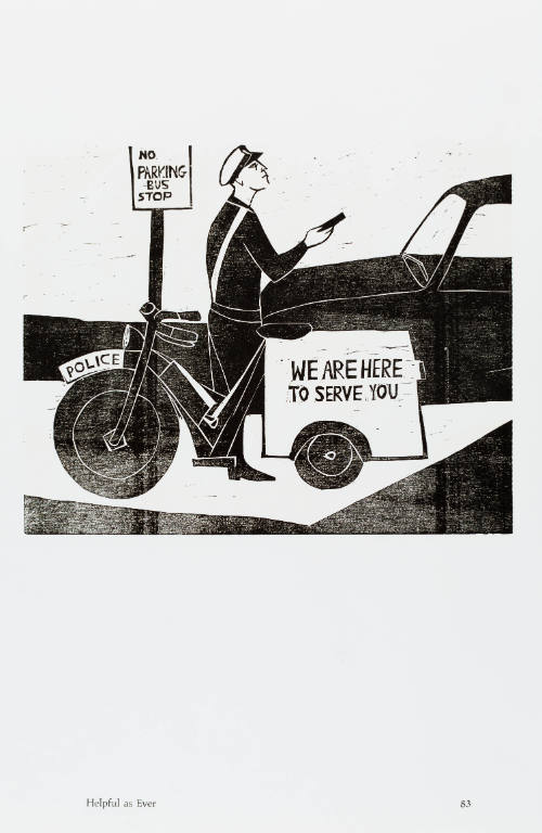 Black-and-white print of policeman with bike sign ticketing a car parked next to “NO PARKING” sign