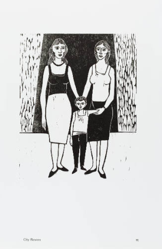 Black-and-white print with a child and two female-presenting adults standing and facing us