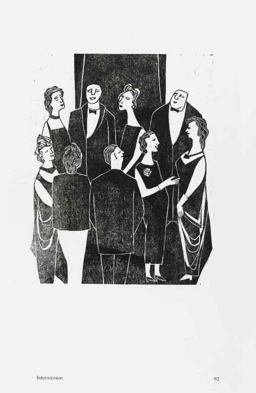 Black-and-white print with nine adults in black tie attire standing and in conversation