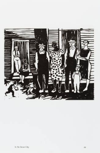 Black-and-white print with adults and three children of different skin tones in front of a building