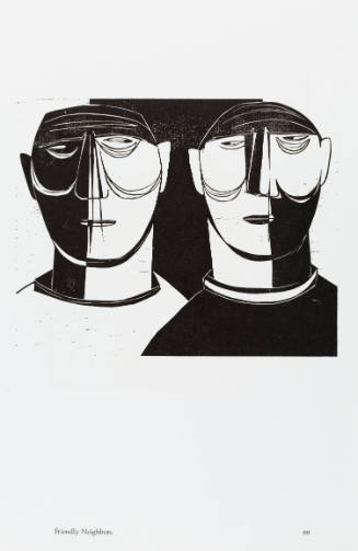 Print of two busts side-by-side facing us and glancing at each other from corner of their eyes