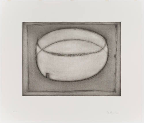 Grayscale print depicting bowl shaped room with an opened door frame against a dark gray background