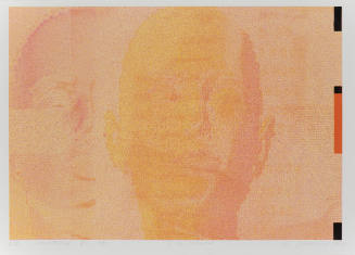 Several impressions of a face in yellow and pink tones overlaid on soft peach background