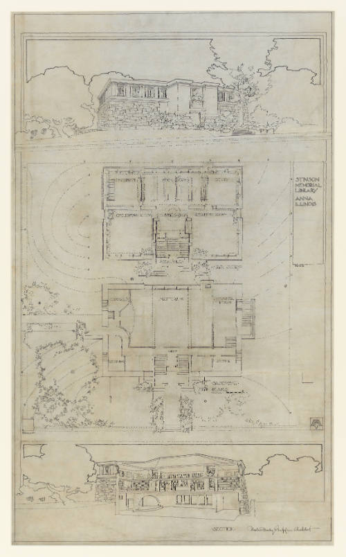 Line drawing of a library from different perspectives: a floorplan, exterior views, and elevations