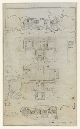 Line drawing of a library from different perspectives: a floorplan, exterior views, and elevations