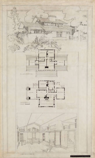 Line drawing of a home from different perspectives: a floorplan, exterior views, and elevations